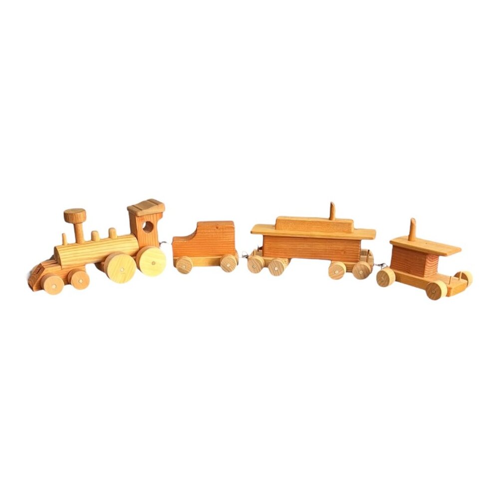 Vtg Wooden Train Set 4 Cars Rolling Locomotive Caboose Side Cars 32" Handmade